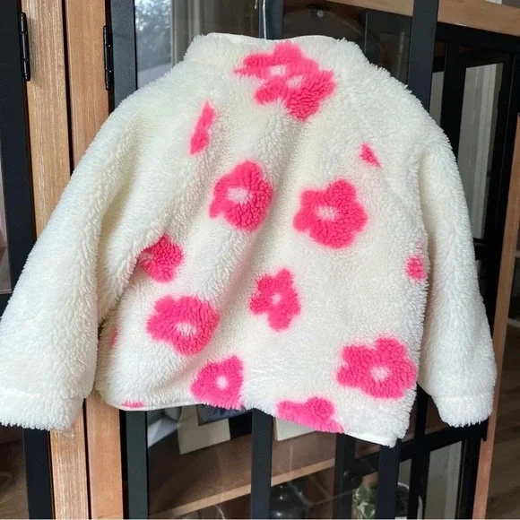Zara Kids fleece jacket zip up floral neon groovy Sherpa pockets toddler girl